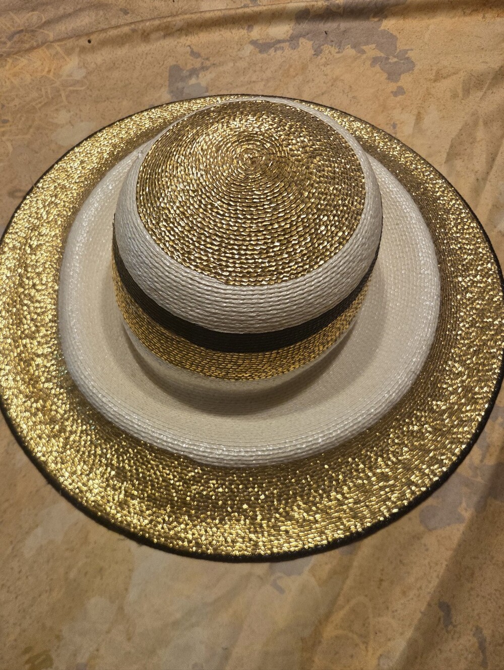 Vintage FRANK OLIVE Stylish Gold & White Straw Sun Hat with Black Band